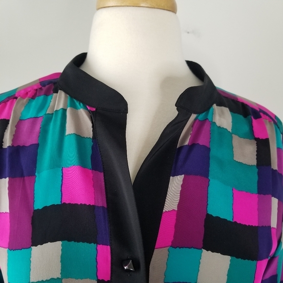 Britt Ryan 100% Silk Geometric Print Long Sleeve Blouson Dress Size M Colorful - Picture 9 of 15